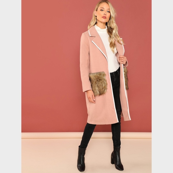 Pink Midi Coat with Faux Fur Pockets - Picture 3 of 9